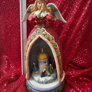 Jim Shore Red and Gold Angel Figurine with Nativity